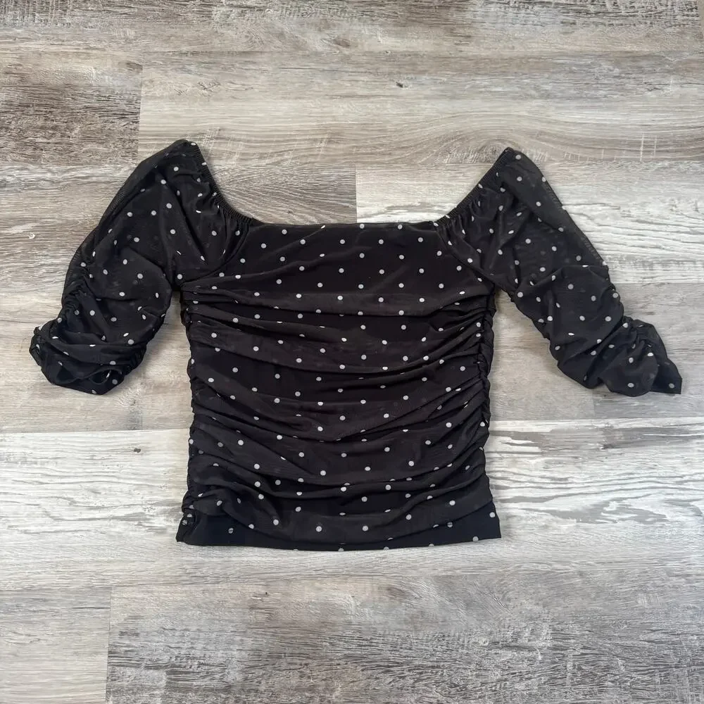 Anthropologie Black Polka Dot Mesh Ruched Puff Sleeve Coquette Top XS